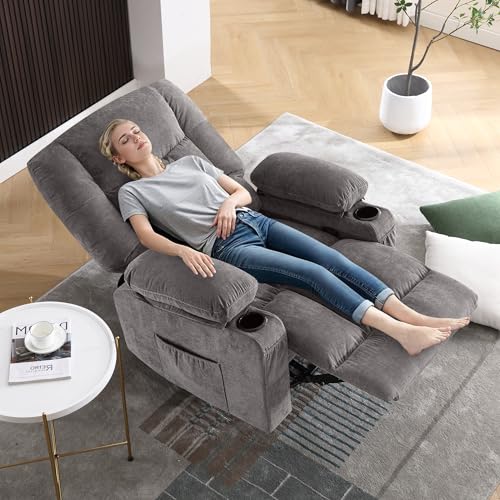 8-Points Massage Recliner Chair with Heated Rocking Function for Adults,Oversized Rocker Recliner with Side Pocket,2 Cup Holders for Living Room