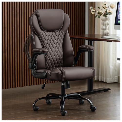 amseatec Office Chair, Executive PU Leather Chair, Ergonomic Computer Desk Chair with Lumbar Support and Adjustable Flip-Up Arms, Rocking Task Chair (Brow amseatec