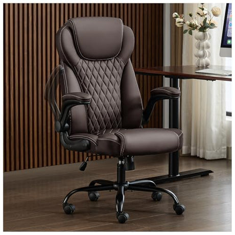 amseatec Office Chair, Executive PU Leather Chair, Ergonomic Computer Desk Chair with Lumbar Support and Adjustable Flip-Up Arms, Rocking Task Chair (Brow amseatec