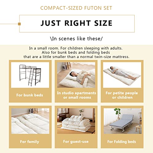 EMOOR Space-Saving Japanese Futon Set (Futon Mattress, Comforter & Pillow) Compact-Twin, Made in Japan, Foldable Floor Sleeping Mattress Shikibuton Tatami Mat Camp Guest-Use EMOOR
