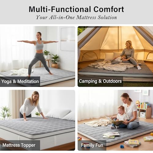 Tiita Japanese Floor Mattress Futon Mattress 4” Thick Folding Roll Up Sleeping Pad with Bag & Strap, Bed Topper Mat for Guest, Lounger and Travel, Grey,Full Size Tiita