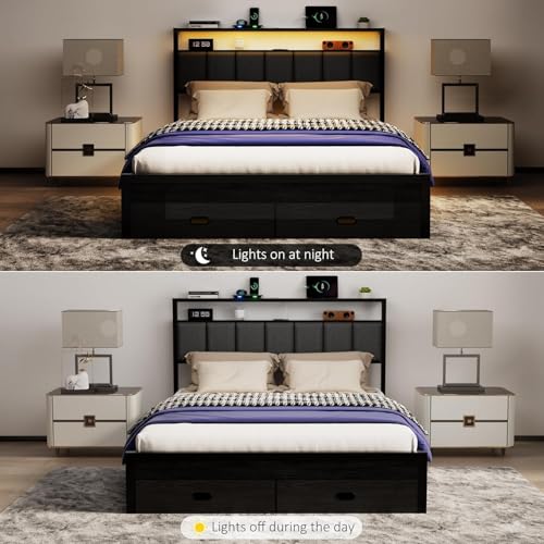 Aelawe Queen Bed Frames with Storage Drawer, Platform Bed with Charging Station and LED Lights, Upholstered Headboard with 2-Tier Storage Shelves, No Box Spring Needed Aelawe