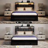 Aelawe Queen Bed Frames with Storage Drawer, Platform Bed with Charging Station and LED Lights, Upholstered Headboard with 2-Tier Storage Shelves, No Box Spring Needed Aelawe