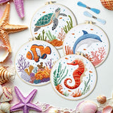 INFUNLY 4 Sets Whale Embroidery Kits for Beginners DIY Cross Stitch Starter Kits with Turtles Seahorses Patterns Fish Sea Animals Embroidery Kits with Instructions Embroidery Cloth Hoops Threads Tools