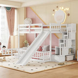Twin Over Full Bunk Bed with Slide and Storage Staircase,Floor Bunk Beds,Kids Bunk Bed with Safety Guardrails,Low Bunk Bed for Girls Boys,White Bellemave