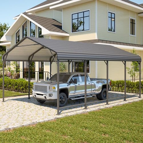 Wisteria Lane 12x20FT Metal Carport, Heavy Duty Carport Canopy with Reinforced Frame and Base for All-Weather, Outdoor Garage Car Port for Boats, Tractors, Pickup Trucks or Party, Dark Gray Wisteria Lane