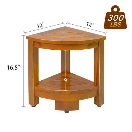 16.5" Teak Corner Shower Bench with Storage Shelf for Shaving Legs, Teak Shower Stool for Inside Shower, Waterproof Shower Foot Rest, Shower Seat for Bathroom, Indoor & Outdoor Use GRBEEVIITEK