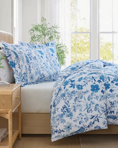 Duvet Cover Twin/TXL Size Set - Extra Soft Floral Duvet Cover 68 x 90 with 1 Pillow Sham - Comfy, Breathable Bedding Set - Hotel Luxury, Fade Free, Zipper Closures & Ties - Blue Dainty Floral CGK Unlimited