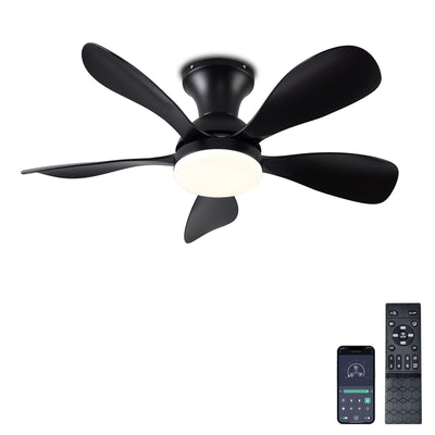 FUMLTP 33In Black Low Profile Ceiling Fans with Lights and Remote/APP Control, Modern Flush Mount Ceiling Fan with 5 Reversible Blades for Outdoor Patio,Small Room,Bedroom…
