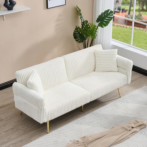 73" Convertible Futon Sofa Bed,Comfy Teddy Fabric Sleeper Couch with 3 Reclining Backrests,Golden Chrome Legs,Modern Cloud Sofa Loveseat for Small Living Room Office (White-Corduroy) Majnesvon