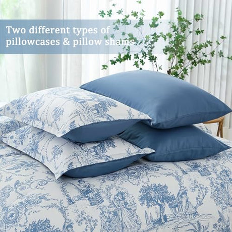 Blue Comforter Set King 7 Piece Bed in a Bag Toile de Jouy Botanical Comforter with Sheet Set Soft Micorfiber Bedding Set (1 Comforter,2 Pillow Shams,1 Flat Sheet,1 Fitted Sheet,2 Pillowcases) Xruibed