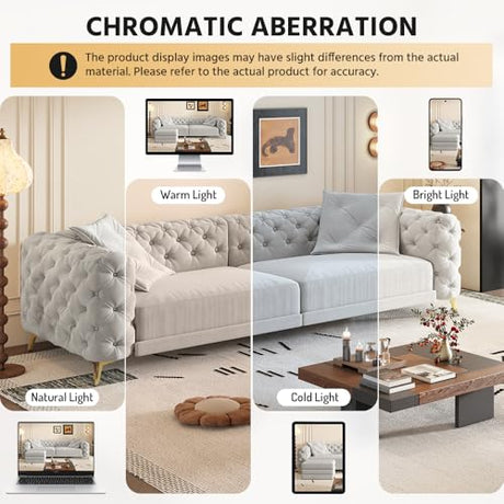 Tabaray 97.7'' Pull Out Sofa Bed King, Chesterfield Velvet Sleeper Sofa, Convertible L-Shaped Futon Couch, Tufted Back, Ottoman, Deep Seat Loveseat Couches for Living Room, Apartment, Light Gray Tabaray