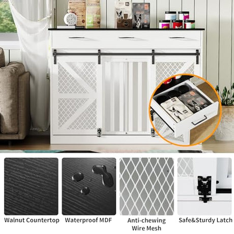 kepptory 48 Inch Large Dog Crate Furniture with 3 Storage Drawers, Wooden Pet Kennel with Removable Divider, Dog Kennel End Table TV Stand, Farmhouse Style Dog Crates with Sliding Barn Door (White) kepptory