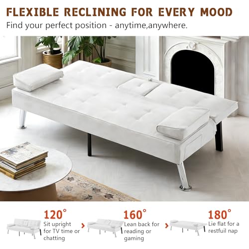 Anwick Convertible Folding Futon Sofa Bed,Modern PU Leather Sleeper Love Seat with 3 Reclining Backrest & Cup Holders,67" Comfy Sofa Couches for Living Room Small Home Office (White) Anwick