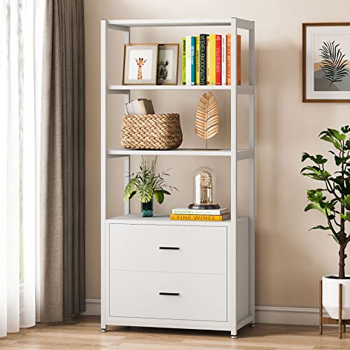 Tribesigns Bookcase, 4-Tier White Bookshelf with 2 Drawers, Etagere Standard Book Shelves Display Shelf for Home Office (White)