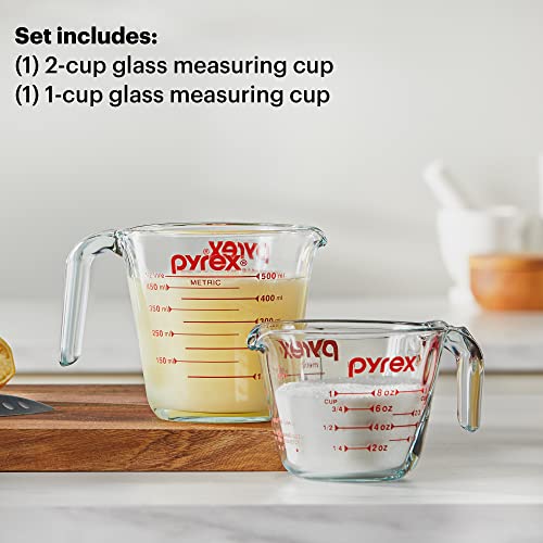 Pyrex 2 Piece Glass Measuring Cup Set, Includes 1-Cup, and 2-Cup Tempered Glass Liquid Measuring Cups, Dishwasher, Freezer, Microwave, and Preheated Oven Safe, Essential Kitchen Tools Pyrex