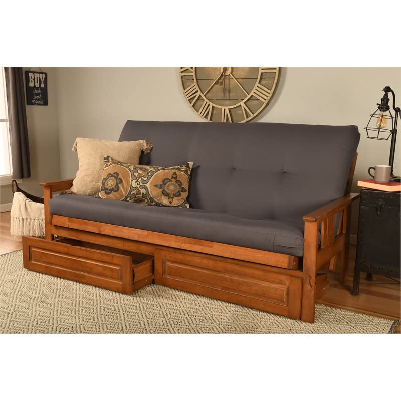 Kodiak Furniture Monterey Barbados Storage Wood Futon with Twill Gray Mattress - WoodArtSupply