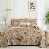 Dintszyayue Quilt Queen Size Brown, 3 Pieces Boho Floral Bedspread Bedding for Queen Size Bed, Soft Lightweight Microfiber Coverlet Set for All Season Quilt with 2 Pillowcases Dintszyayue
