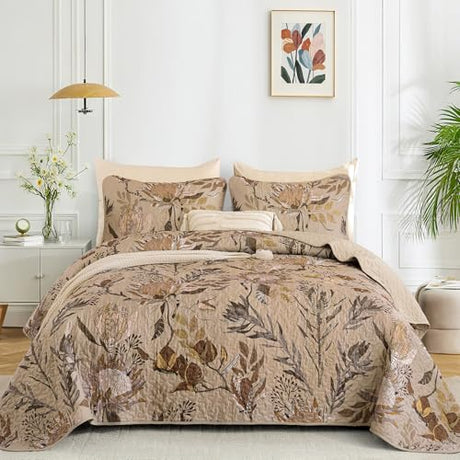 Dintszyayue Quilt Queen Size Brown, 3 Pieces Boho Floral Bedspread Bedding for Queen Size Bed, Soft Lightweight Microfiber Coverlet Set for All Season Quilt with 2 Pillowcases Dintszyayue