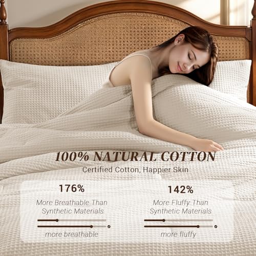 Shilucheng Waffle Cotton King Size Comforter Set - 3 Piece Bedding Set with Comforter and 2 Pillow Shams, Soft & Breathable All-Season Waffle Weave Comforter, Machine Washable, Beige Shilucheng