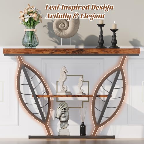 HavenlyYouth Leaf Design Console Table for Entryway, 3-Tier Storage, 30mm Thick Rustic Brown Industrial Metal Frame, Easy-to-Assemble Narrow Accent Table, Space-Saving for Hallway, Entrance, Foyer HavenlyYouth
