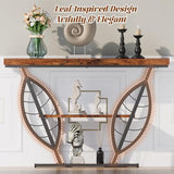 HavenlyYouth Leaf Design Console Table for Entryway, 3-Tier Storage, 30mm Thick Rustic Brown Industrial Metal Frame, Easy-to-Assemble Narrow Accent Table, Space-Saving for Hallway, Entrance, Foyer HavenlyYouth