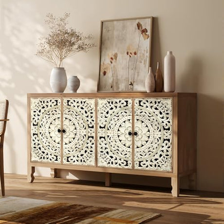 Furnivado Buffet Cabinet with Storage, Accent Cabinet with 4 Carved Doors, Solid Wood Sideboard with Adjustable Shelf, Vintage Cabinets for Kitchen, Living Room, Entryway, White&Natural Furnivado