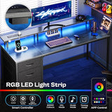 Huuger 55 Inch Computer Desk with Power Outlets and LED Lights, Gaming Desk with 4 Drawers, Office Desk with Monitor Stand, Study Work, Home Office, Gray Huuger