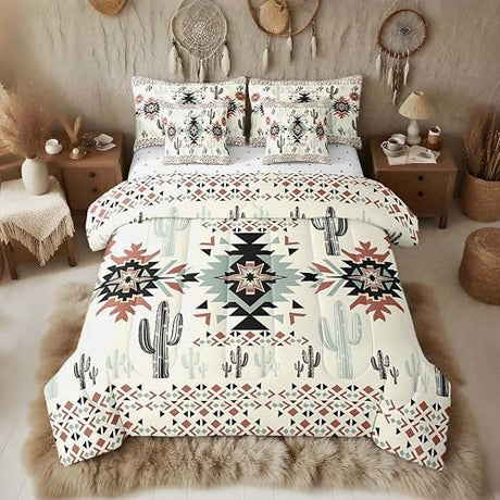 Feelyou Khaki Southwestern Aztec 7 Pieces Bedding Set Kids Geometric Vintage Comforter Set with Sheets Full Size Rustic Western Cactus Bohemian Boho Tribal Bed in a Bag for Women Men Room Decor Soft Feelyou