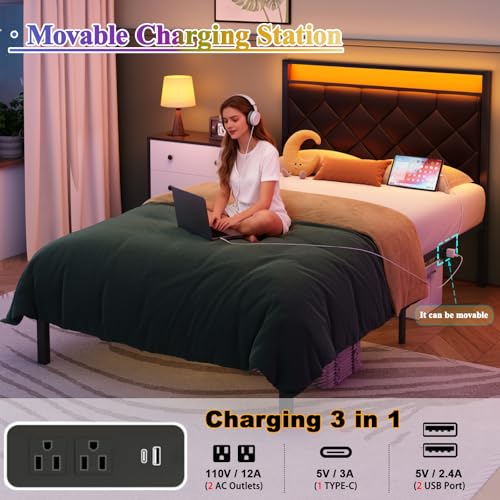 Etditrnp Twin Bed Frame with Charging Station, LED Light and PU Leather Upholstered Headboard, Platform Bed Frame with Under-Bed Storage, Easy Assembly, Noise Free, No Box Spring Needed, Black Etditrnp