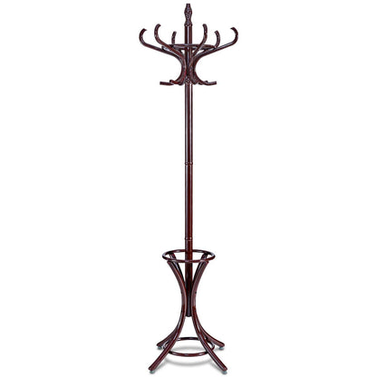 Tangkula 75.5" Standing Coat Rack, Wood Coat Tree with 12 Hooks, Home Hat Jacket Hanger Tree 12 with Umbrella Holder Coat Stand (Brown)