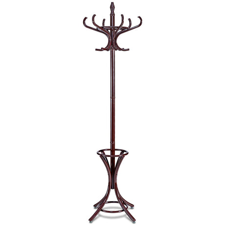 Tangkula 75.5" Standing Coat Rack, Wood Coat Tree with 12 Hooks, Home Hat Jacket Hanger Tree 12 with Umbrella Holder Coat Stand (Brown) Tangkula