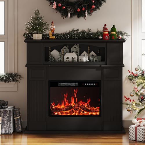 BOSSIN 43" Electric Fireplace with Mantel, 23 inch Electric Fireplace Insert, Freestanding TV Stand with Fireplace Heater,Wooden Surround Firebox Faux Log & Led Flames, Remote Control,750W/1500W Black BOSSIN