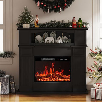 BOSSIN 43" Electric Fireplace with Mantel, 23 inch Electric Fireplace Insert, Freestanding TV Stand with Fireplace Heater,Wooden Surround Firebox Faux Log & Led Flames, Remote Control,750W/1500W Black