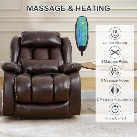 EDILLY XL Large Genuine Leather Lift Chair Recliner for Elderly, Dual Motor with Massage and Heating,with Double Lumbar Cushion and Extended Footrest,USB Port and Remote,Seat Width 26"(Brown) EDILLY