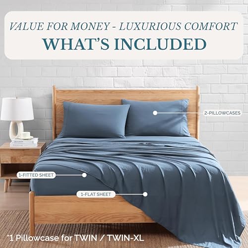 Casa Platino Bedding Sheets & Pillowcases, 3 Piece Set, Pre-Washed Fade Resisitant Cozy Twin Bed Set, 100% Hydro-Brushed Microfiber, Twin Sheet fits up to 15 inch Mattress- Estate Blue Casa Platino