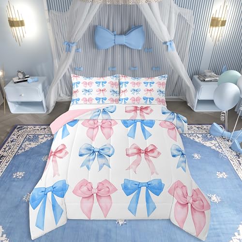 Erosebridal Rainbow Bows Comforter Set Twin,Pink Blue Kawaii Bowknot Bedding for Kids Girls,Watercolor Ribbon Bows Duvet Insert,Aesthetic Coquette Down Comforter Erosebridal
