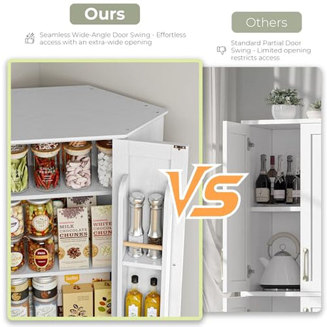IRONCK Corner Cabinet, 72" H Kitchen Pantry Storage Cabinet, 4 Barn Doors with Storage Rack, 4 Adjustable Shelves, 6-Tier Tall Food Pantry Cabinet, Farmhouse Hutch for Kitchen Dining Room, White IRONCK