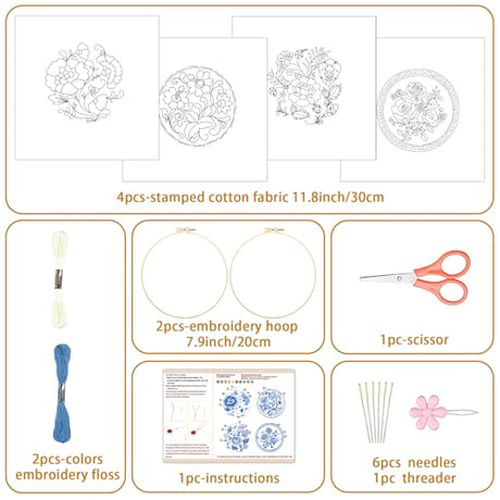 BEUNITONE 4 Set Embroidery Kit for Beginners, Blue Flower Cross Stitch Kits, Needlepoint Kits for Adults with Instructions and Full Kit, Classical Hand Embroidery Patterns for Cloth and Home Decor BEUNITONE