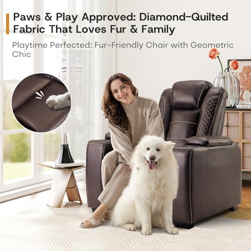ANJ Power Home Theater Seating, PU Leather Electric Recliner Chair with Adjustable Headrest, Dual Motors Movie Reclining Chairs with LED Lights,USB Port, Cup Holders, Hidden Arm Storage (Brown)