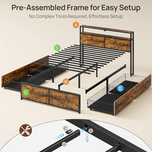Rolanstar Queen Bed Frame with 4 Storage Drawers, Charging Station and LED Lights, Metal Platform Bed with 2-Tier Storage Headboard, No Box Spring Needed, Easy Assembly, Noise-Free, Rustic Brown Rolanstar