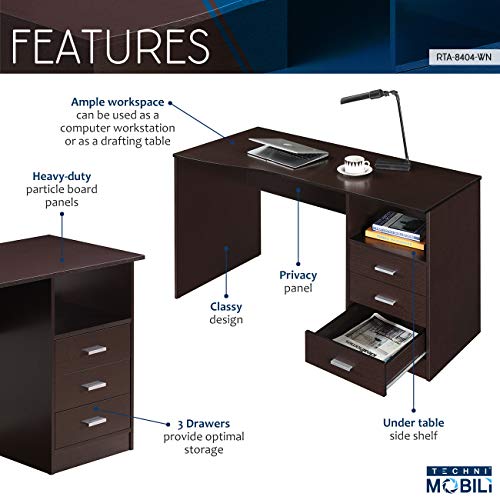 Techni Mobili Classic Computer Desk with Multiple Drawers, 29.5" x 23.6" x 51.2", Wenge - WoodArtSupply