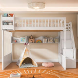 Merax Queen Size Wood Loft Bed with Wardrobe and Staircas, Storage Shelves, Floor Multifunction Bunk Bed with Full Length Gardrails, Space Saving,White Merax