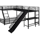 Bellemave Twin Over Full Bunk Bed Frame with Twin Size Loft Beds, Heavy Duty Triple Bunk Bed with Slide, Build in Ladder and Guardrail, L-Shaped Bunk Beds with Desk, Black Bellemave