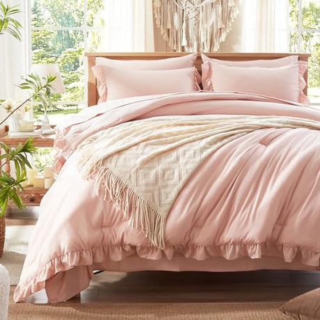 Anluoer Twin Comforter Set 5 Piece, Pink Bed in a Bag with Sheets, All Season Ruffle Shabby Chic Bedding Sets with 1 Comforter, 1 Pillow Sham, 1 Pillowcase, 1 Fitted Sheet Anluoer