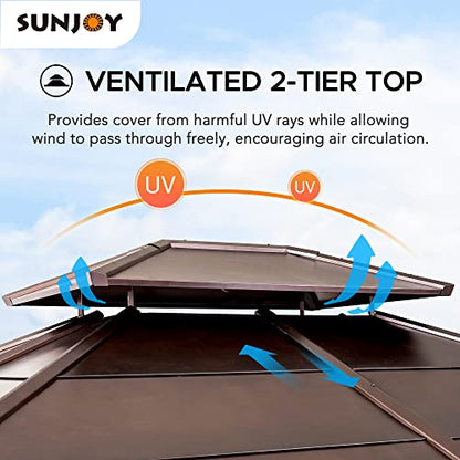 Sunjoy Hardtop Gazebo 11' X 13' Cedar Framed Wood Gazebo with Brown Double Steel Hardtop Roof Permanent Canopy for Garden, Backyard Shade - WoodArtSupply