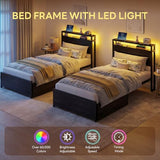 LIKIMIO Twin Bed Frame, with 2-Tier Shelves & Charging Station & LED Light, DIY Layout Storage Drawers, Suitable for Teen Rooms, Small Apartments & Bedrooms, Gray Black LIKIMIO