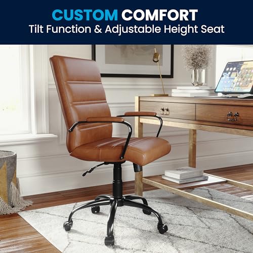 Flash Furniture Whitney Mid-Back Desk Chair - Brown LeatherSoft Executive Swivel Office Chair with Black Frame - Swivel Arm Chair Flash Furniture