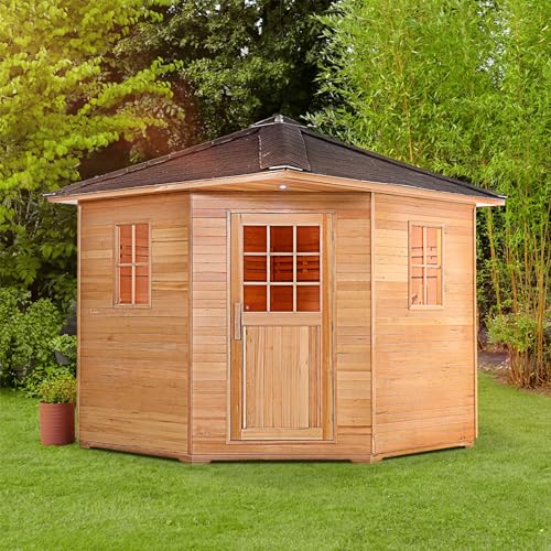 ALEKO Sauna Cottage with Asphalt Roof and Accessories | Canadian Hemlock Wood | Wet Steam Room | Outdoor | 8 Person | Upgraded Premium European 8 kW Harvia KIP Electric Heater | SKD8HEM - WoodArtSupply