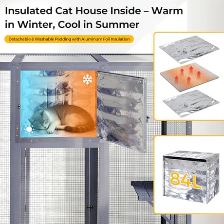 COZIWOW Large Outdoor Cat Cage with Insulated Cat House, 3-Tier Jump Platform, PVC Weatherproof Cover, Removable Cushion, DIY Art Back Door, Wooden Construction, Fits Big Cats, 62.6 x 32.3 x 70 Inches COZIWOW